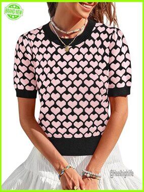 Puff Short Sleeve Cropped Sweater with Heart Graphic Pullover Top